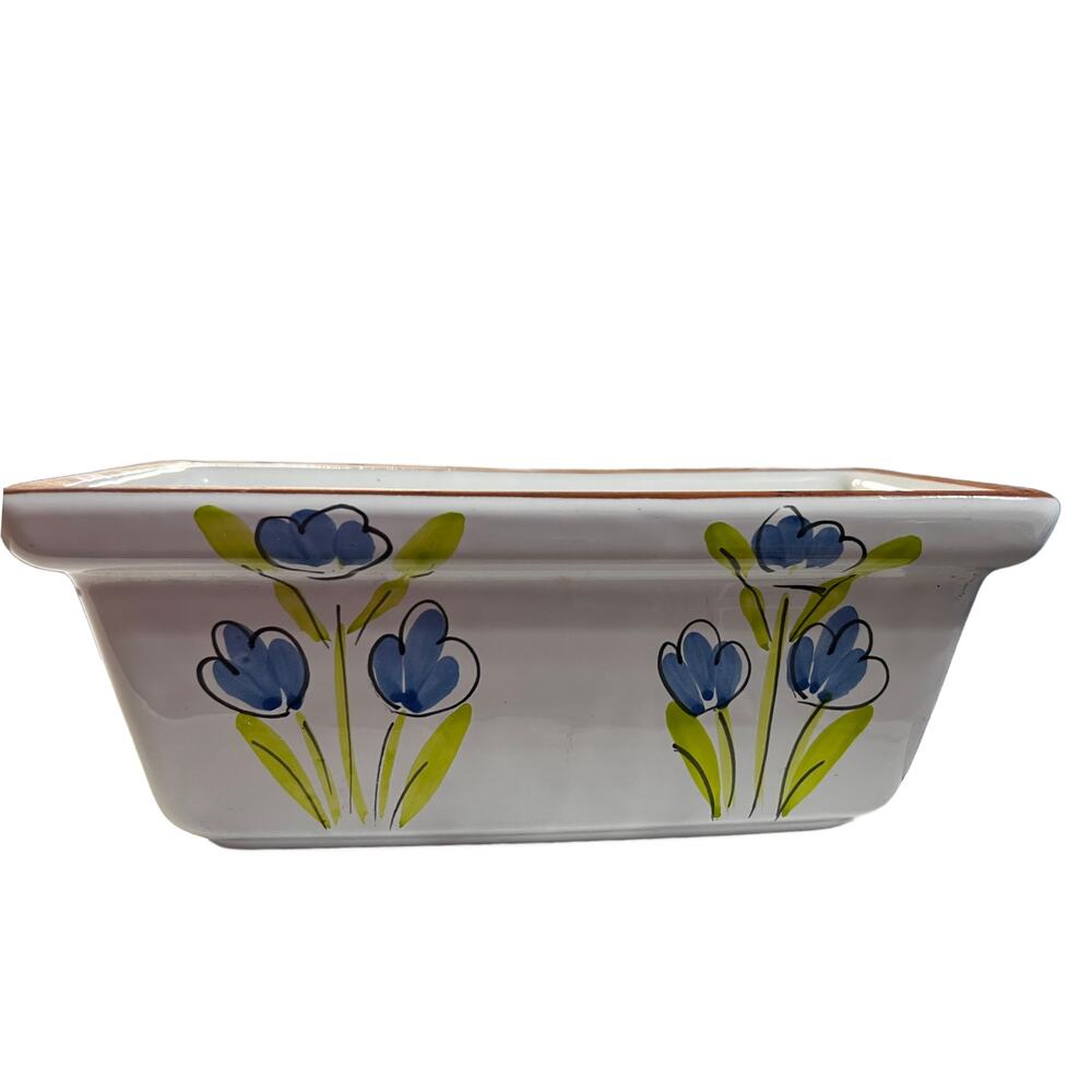 New England Pottery Rectangle White Planter with Blue Flowers 10" x 4.5"